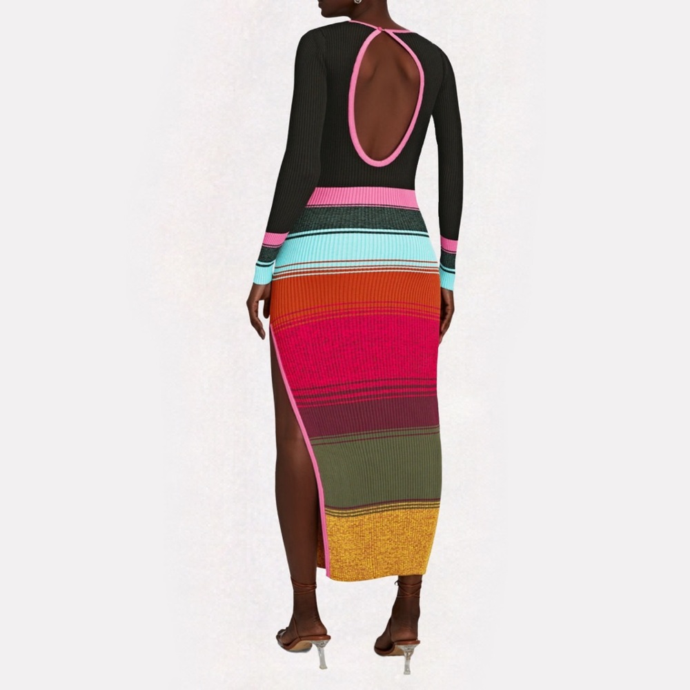 STAUD Clara Stripe Cutout backRibbed Long Sleeve Sweater Dress in Mosaic Stripe